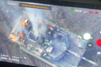 Destroyed Ukrainian Abrams tank labeled empty tin can